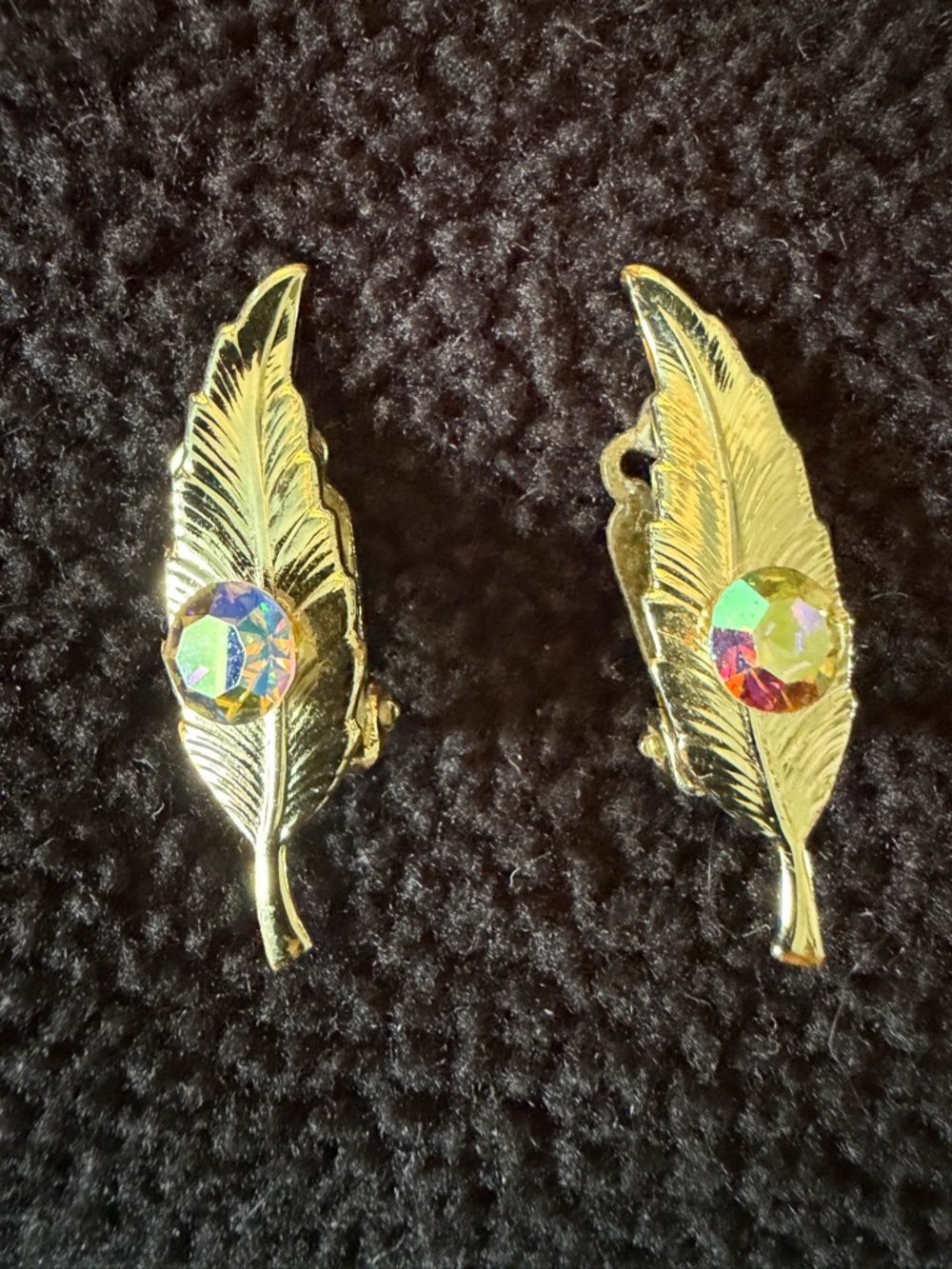 Gold Tone Feather Clip-On Earrings with Aurora AB Crystal